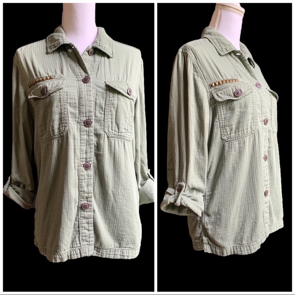 AE Army Green Gauze Button-down Top - Picture 1 of 10